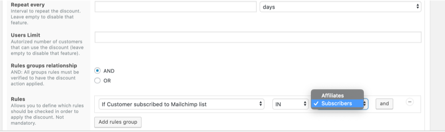 Chosen Rule for MailChimp Subscribers