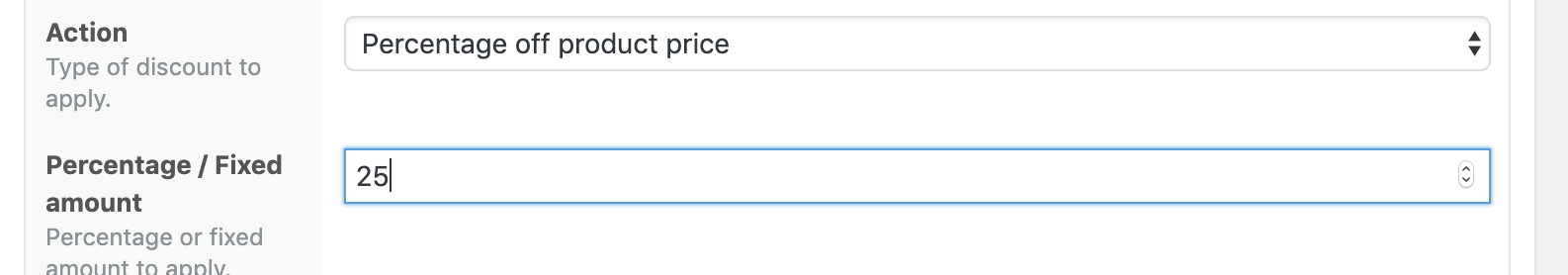 Percentage off product price Action