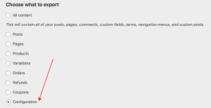 WordPress Data export type selection view
